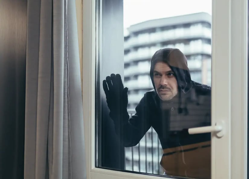 Ladrón revisando si la casa tiene una alarma para hogar que la proteja